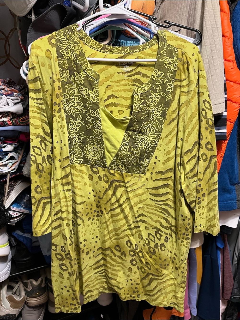 Liz & Me Chartreuse Mixed Animal Print Tunic with Embroidered V-Neck